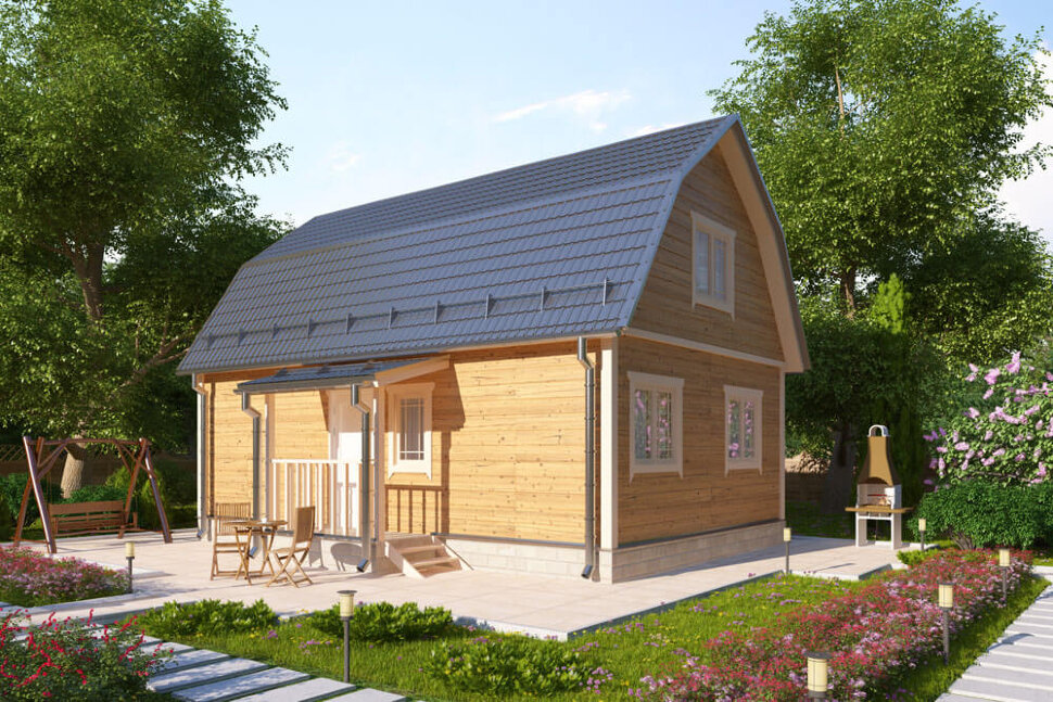 Каркасный дом К-45 6х9 м с толщиной утеплителя 100 мм представляет собой проект деревянного дома для небольшой семьи. Особенностью строения является небольшое крыльцо, которое придает объекту эстетичность и оригинальность.