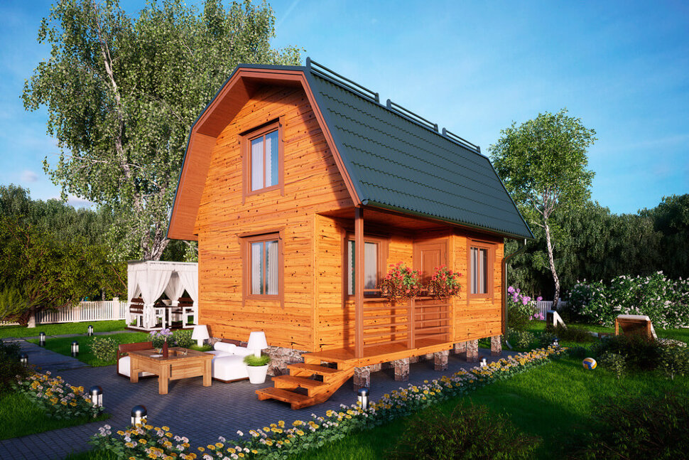 Каркасно-щитовой дом КЩ-16 5х5,5 м — яркий и необычный проект загородного дома с мансардой, который станет отличным местом для летнего отдыха. Украшает коттедж небольшая терраса с деревянными перилами, объединенная с крыльцом.